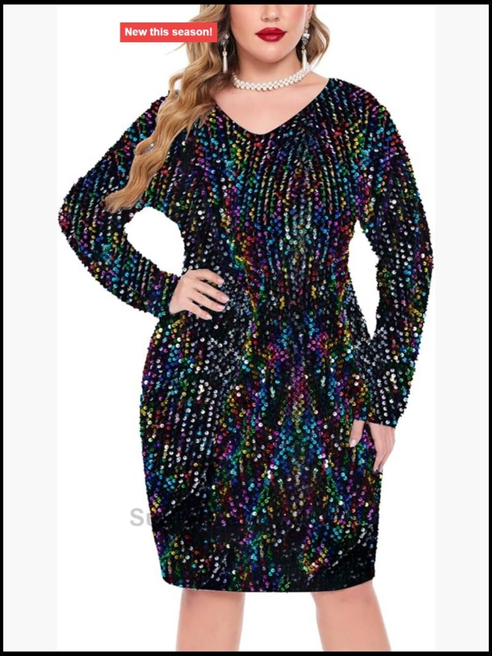 Sequin Plus Size V Neck Long Sleeve Bodycon Mini Party Dress